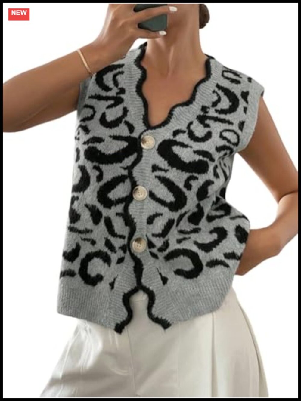 Sleeveless Button Down Sweater Vest Scallop Trim Rib Knit V Neck Cardigan